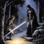 Placeholder: [scene in a village by Bernie Wrightson] Seraphina tenses as you press the glowing blade against her vampire wounds, a hiss of pain escaping her lips. The sword pulses with an otherworldly light, and you can feel the heat radiating from it. As the enchanted metal touches her skin, the bites begin to sizzle and smoke. Seraphina cries out, her body convulsing, but she doesn't pull away. She looks up at you, tears of relief and pain welling in her eyes.
