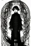 Placeholder: 7 year old boy, friendly, looks dead, with weird mushrooms growing out of him, wearing black robes, in the style of Harry Clarke