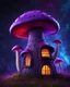 Placeholder: An asymmetrical mushroom house in the night sky. in space. Bright Bold Bright Colors, purples blues greens, Stark Dark background. Detailed Matte Painting, deep color, fantastical, intricate detail, splash screen, hyperdetailed, insane depth, Fantasy concept art, 8k resolution, trending on artstation, Unreal Engine 5, color depth, Deep Colors, backlit, splash art, dramatic, splash art Style. High Quality, Painterly, Whimsical, Fun, Imaginative, Bubbly, good detail, perfect composition,