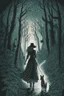 Placeholder: in the style of a Henry Justice Ford drawing, a beautiful witch walks through a dark forest, a dog is coming towards her