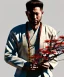 Placeholder: an abstract painting of rusted metal and flowers, Japan Samurai, Geisha style, Sakura, 8K, a Highly detailed stunning portrait of Dom man holding a submissive woman by the chain, realistic face, white suit, beard, and short hair, bad boy