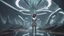 Placeholder: A slim young woman in a silver catsuit with circuitry, standing in a futuristic alien city holding an umbrella shaped like a mushroom with tentacles