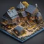 Placeholder: a Detailed Model of diagrams and instructions for creating digital houses. A detailed isometric digital illustration. The central focus is a miniature, intricately detailed Miniature mine of Dwarf in the Lord of the Rings, pikes, coal, gold, minerals, trolleys