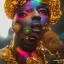Placeholder: full body shot, masterpiece, best quality, man of median age, black skinned, sparkling eyes, fluorescent skin, colorful makeup, afro, highly detailed body, afrofuturism, scifi, sun light, 4K, RAW, depth of field, high contrast, realistic details, 24mm