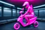 Placeholder: Hyperrealistisch stämmige, üppige Frau völlig verhüllt von pinkfarben glänzendem Ganzkörper-Zentai mit geschlossenem Visier in pinkfarbenem, geschlossenem Helm fährt pinkfarbenen Elektro Scooter