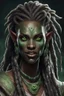 Placeholder: generate a dungeons and dragons character portrait of a female beast-human with black skin, dreadlocks, green piercing eyes, fangs and a thick nose