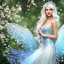 Placeholder: Fantasy fairy with transparent wings, smiling, make up, long platinum blond hair with crown and flowers, blue dress, flowering background