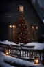 Placeholder: dark house wall with alluminatedwimdow, looking in, big christmas tree,lights,presents,dar red and greenand gold, snow outside the windw