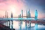 Placeholder: Dreamlike Skyline of Downtown futuristic hightech city in 4050 and a stunning futuristic Bridge During with dark grey clouds in sky, over the azur-silver color river, cold colors, come storm, high detalied, sci-fi, landscape