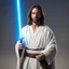 Placeholder: Jesus on “The Chosen” as played by Jonathan Roumie as a Jedi Master with a blue-colored lightsaber, standing straight and proud, high resolution, professional picture, full body portrait, hyper realistic concept, 8k resolution, photorealistic, super detailed, photo-real