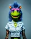 Placeholder: hybrid character, waitress sexy woman with monster muppet mask that covers her entire head, sweet punk, short shirt, tray, old school tattoo, retro style, Sesame Street style, hot, smooth, unreal engine 5, god lights, ray tracing, RTX, lumen lighting, ultra detail, volumetric lighting, 3d.