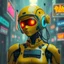Placeholder: a feminine android robot, yellow, dystopia, cyberpunk, neon vintage anime