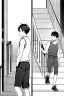 Placeholder: a boy in shorts sleeveless shirt climbs the stairs, greyscale