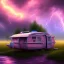 Placeholder: An old caravan at the bottom of an streaming river, lots of clouds within neon lights, thunder