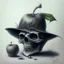 Placeholder: Realistic drawing of a Skull with a Witch hat, Skull has ghost eyes and is eating from a poison apple.