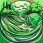 Placeholder: Comic art, globe with a green colored flowing river