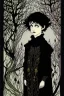 Placeholder: 7 year old boy, friendly, looks dead, with weird mushrooms growing out of him, wearing black robes, in the style of Harry Clarke