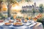 Placeholder: Brunch breakfast on an elegant table in the garden in the background, Castle on the Loire, lake, reflection, sunrise, Misty morning smooth intricate high definition beautiful lighting hard marker pen strokes, watercolor polished warm light