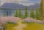 Placeholder: Mountains, lake, flowers, pathway, pine trees, clouds, otto pippel impressionism painting