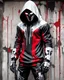 Placeholder: Banksy style. Grafiti. Full body. 3D. Masterpiece of a hooded and masked, killer Cyborg, his eyes are intense. Red, white and black colors, (((full body)))