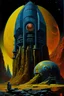 Placeholder: A dark fantasy painting of a great monolithic machine encased in stone 10,000 years in the future,dark fantasy art or sci-fi, 1970s dark fantasy book cover art 70s dark fantasy art, bold colours