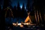 Placeholder: snow-covered forest at night. Bonfire in the hut. A wolf is sitting in front of the hut