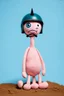 Placeholder: stuffed plush toy(tall and skinny with 1 eye and a frown, small feet at front, wearing helmet with spike on top) blue background, dirt floor
