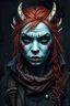 Placeholder: Create a chilling and unsettling full-body photograph of an adorable orc woman. She has gray skin and red hair, dressed in an explorer's outfit styled like a bard. The woman's face should express excitement and a thirst for adventure. The image should be painted with coarse brushstrokes on a dark, gloomy background, enhancing the atmosphere of horror and anxiety. Pay special attention to the makeup stains around the eyes, on the nose, and around the mouth