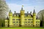 Placeholder: A pale greenish yellow castle made out of bricks designed in medieval tapestry painted by Piet Mondrian