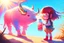 Placeholder: cute chibi holographic girl looking at a red bull animal happily in sunshine