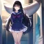 Placeholder: Clear focus, High resolution, Long fluffy black hair, Purple eyes, Wearing a sailor uniform, must be wearing a short skirt, 2 puffy big tails hanging behind her back