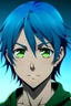 Placeholder: A 40-year-old anime boy with indigo blue hair and dark green eyes