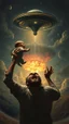 Placeholder: Bosch painting style nightmare, a man screaming holding a baby up toward a ufo spaceship, in the background a nuclear explosion in the rear view , dramatic sad scene, fantasy, scary.