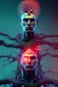 Placeholder: Cyberpunk theme, portrait of Oak tree roots holding man inside, misty sunny day, close-up portrait, symbiosis