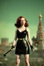 Placeholder: retro portrait image from 1960, Moscow background, wind, long red hair, fighting stance, sweet young Scarlett Johansson, black dress, classic tight lycra black suit, weapon, gold bracelet and belt, high heel boots, soft color, highly detailed, unreal engine 5, ray tracing, RTX, lumen lighting, ultra detail, volumetric lighting, 3d, finely drawn, high definition, high resolution.