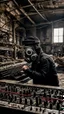 Placeholder: a person with a gas mask in an abandoned big massive factory, playing with a modular synth piano