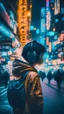 Placeholder: a lost boy with headphones in the middle of Tokyo junction, long exposure, night time, dramatic light, crowd, neon signs, blinding lights