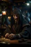 Placeholder: portrait of shady thief ninja card game in an english style tavern, in the style of fantasy movies, photorealistic, shot on Hasselblad h6d-400c, zeiss prime lens, bokeh like f/0.8, tilt-shift lens 8k, high detail, smooth render, unreal engine 5, cinema 4d, HDR, dust effect, vivid colors