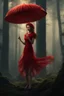 Placeholder: tall slim woman in a red dress, in a forest, holding an umbrella made from a jellyfish, detailed matte painting, deep colour, fantastical, intricate detail, splash screen, complementary colours, fantasy concept art, 8k resolution, Unreal Engine 5