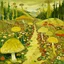 Placeholder: A yellowish green grassy road with mushrooms painted by Wassily Kandinsky