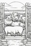 Placeholder: coloring page, pigs in a pen, cartoon style, thick lines, low detail, no shading