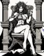 Placeholder: full-length, detailed persona, sword in hand, gorgon medusa, sitting on a throne in a relaxed pose