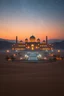 Placeholder: photographic realism. a beautiful Arabic scene in the middle of a desert at sunset. atmospheric. huge palace and immense view of the night sky.