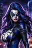 Placeholder: super pretty young woman, good body, very big bub, blue long haired, black "venom" costume, white spider chest costume, black cosplay, purple details, complete costume, mask, female stylized, woman lines, "Venom from Marvel" design inspiration, darknight sky background, intrincate details, high a.i. perseption, nano tecnology, lights, high quality picture, renderizing, front view angle.