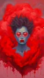 Placeholder: Painterly. Abstract. A girl face front view, A willowy androgynous human figure stands clothed in red silk raiments. Anomalous red cloud issuing forth from the heart. Simple yet majestic