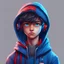 Placeholder: create an avatar of a boy, he is a gamer, he likes blue, so he has blue and red clothes he hes airpod or a hedset and he has a hood and a Sweatshirt