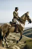 Placeholder: A person in an Andalusian military uniform riding a horse standing on a hill with his back