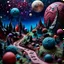 Placeholder: Detailed creepy landscape made of modeling clay, village, stars and planets, Roger Dean, naïve, Tim Burton, strong texture, Ernst Haekel, extreme detail, Max Ernst, decal, rich moody colors, sparkles, bokeh, odd