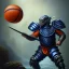 Placeholder: a fierce warrior in full navy blue and orange battle armor, with an S shaped shield, holding a basketball, a highly detailed illustration, background of Inka jungle, realistic render, 8 k, micro detail, intricate, elegant, centered, digital painting, Artstation, smooth, sharp focus, illustration, artgerm, tomasz alen kopera, peter mohrbacher, donato giancola, joseph christian leyendecker, wlop, boris vallejo