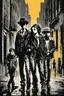 Placeholder: Design a detective book cover for teenagers. A teenage girl in the centre, one boy on her left, and one on her right are on the town street. Black cat. Banksy style, pop art style, dark mood